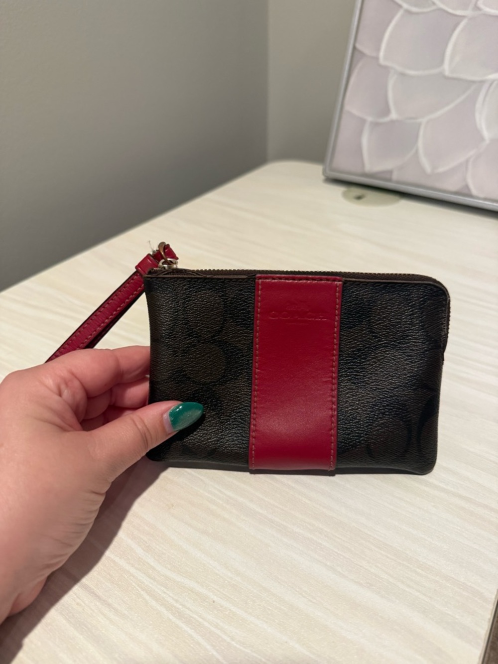 Coach Brown Signature Wristlet with Red Center Stripe